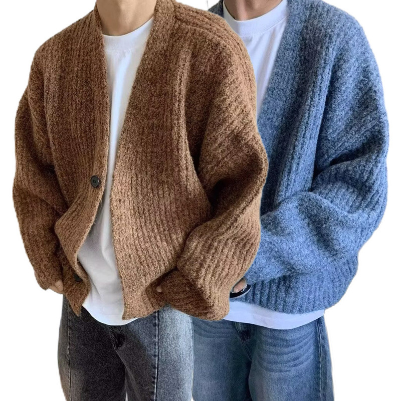 Cross-Border Popular European Size Large V-Neck Mixed Color Thick Wool Knit Sweater Cardigan Jacket Factory Wholesale