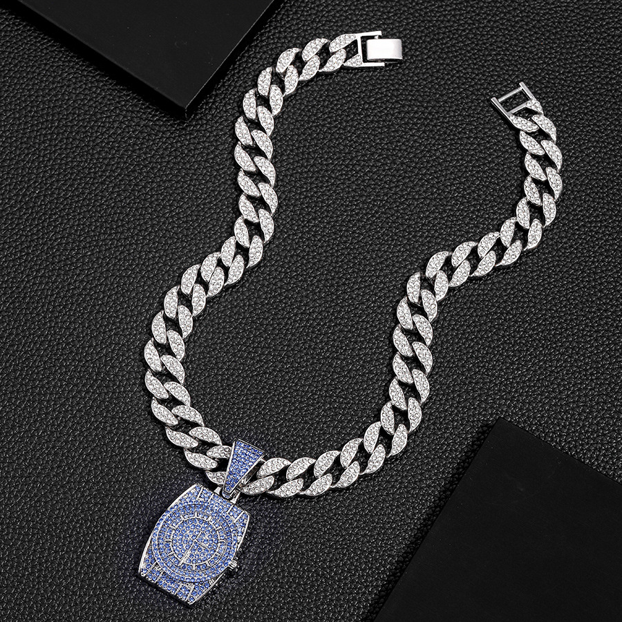 Personalized hip-hop niche blue diamond watch pendant full of diamonds, men's versatile jewelry, Cuban necklace jewelry_voghion.com