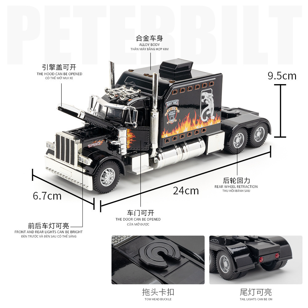 Zhiguan modelo de coche de aleación 1:24 Peterbilt 389 American drag cabeza pull back sonido y luz modelo de coche de juguete adornos