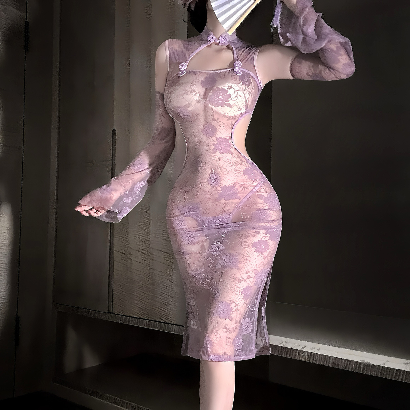 Jinxiao 섹시한 속옷 레이스 보라색 드레스 순수한 욕망 잠옷 치파오 정장 뜨거운 소녀 중공 관점 qqny 여성