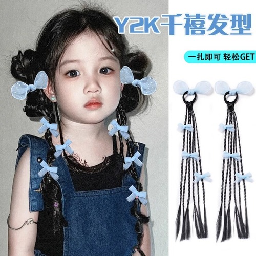 New children's wig with silk braid, double ponytail bow, new Chinese style y2k millennium boxing braid