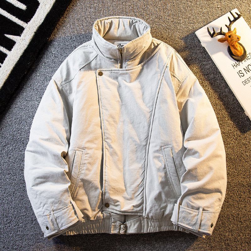 Men's American-Style Diagonal Collar Warm Cotton Jacket with Zipper, Trendy Brand Winter Loose Thick Cotton Coat Men's American-Style Diagonal Collar Warm Cotton Jacket with Zipper, Trendy Brand Winter Loose Thick Cotton Coat