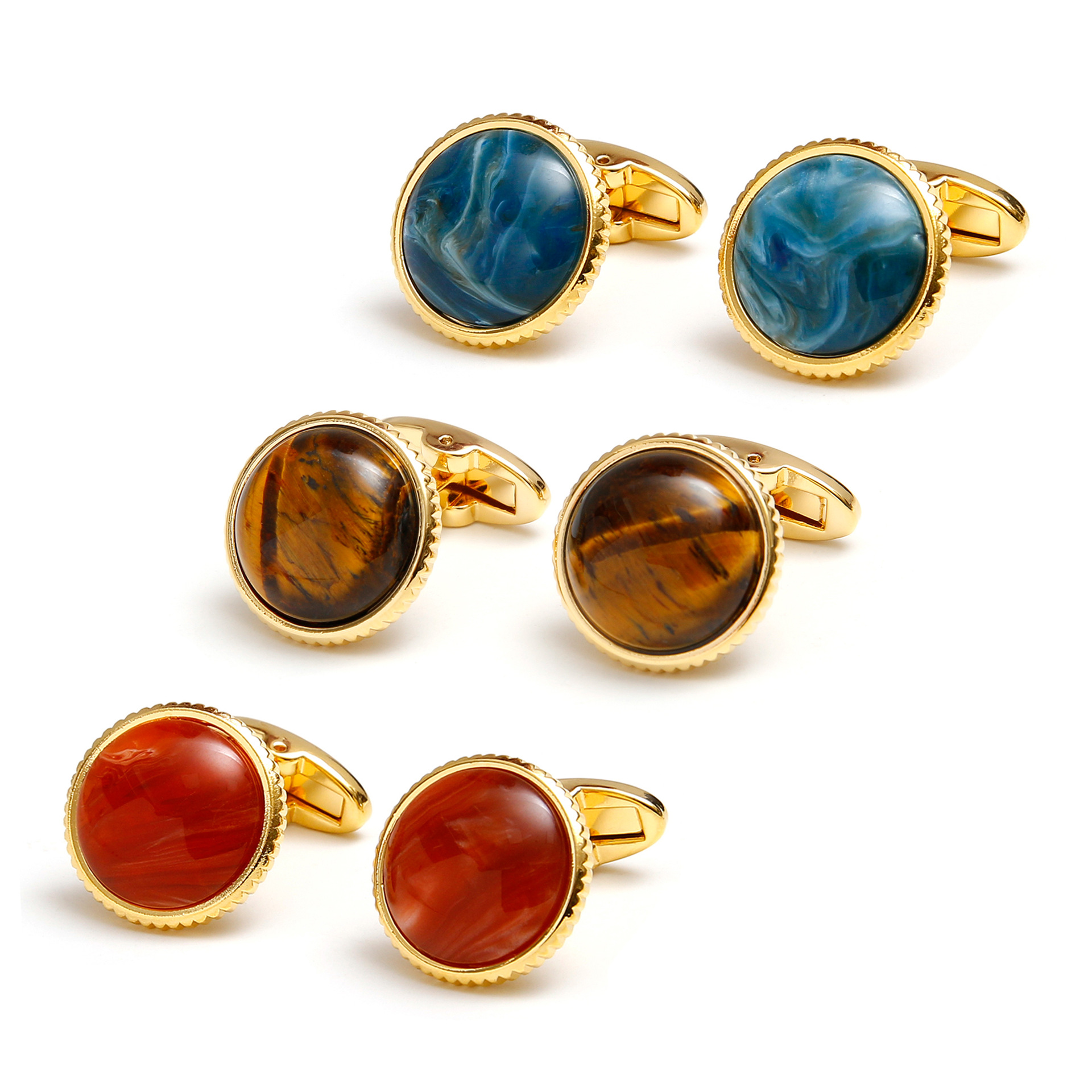 Real Stone Metal Jewelry Cross-Border Accessible Luxury Retro Large Stone Round Gold Men's Shirt Cufflinks 1 Pair Dropshipping