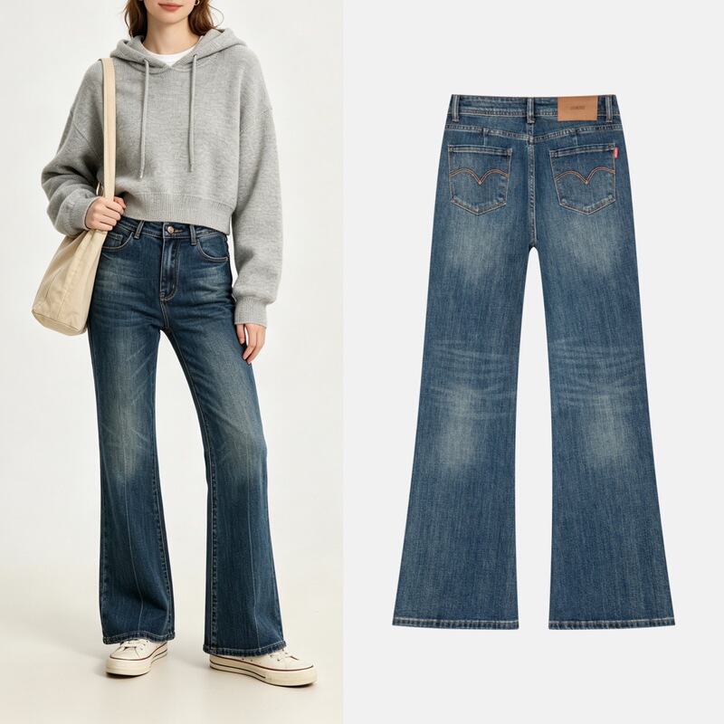 Factory vintage blue washed flared jeans for women 2026, high-waisted with curved back pockets and leather label, available for dropshipping