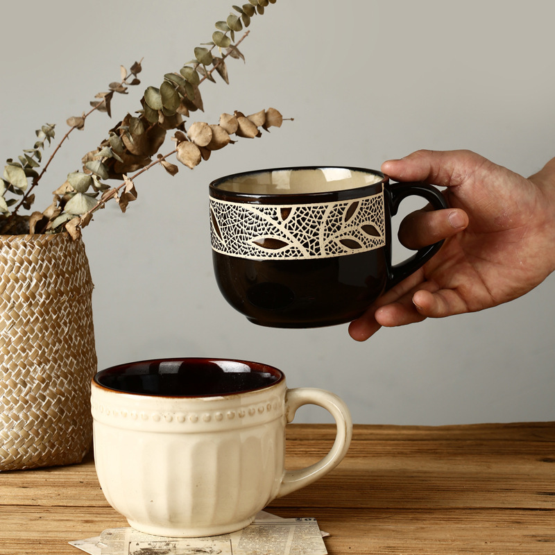 Taza de cerámica vintage de estilo europeo taza de café taza de desayuno taza de avena creativa pintada a mano taza de hoja