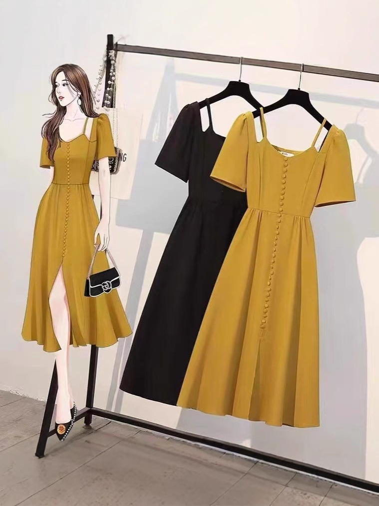 Đầm maxi nữ thắt eo kiểu Pháp phong cách Hepburn thanh lịch — váy vàng
