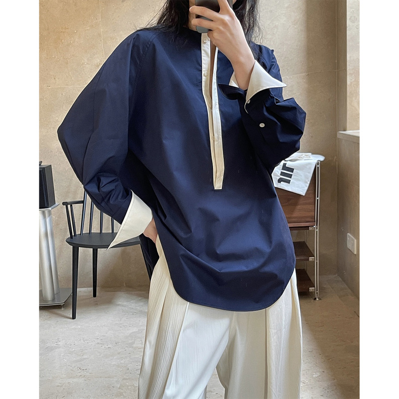 Spring and Summer New Retro Artistic Contrast Color Stitching Design Round Neck Raglan Sleeve Shirt Loose Slim Casual Top Women