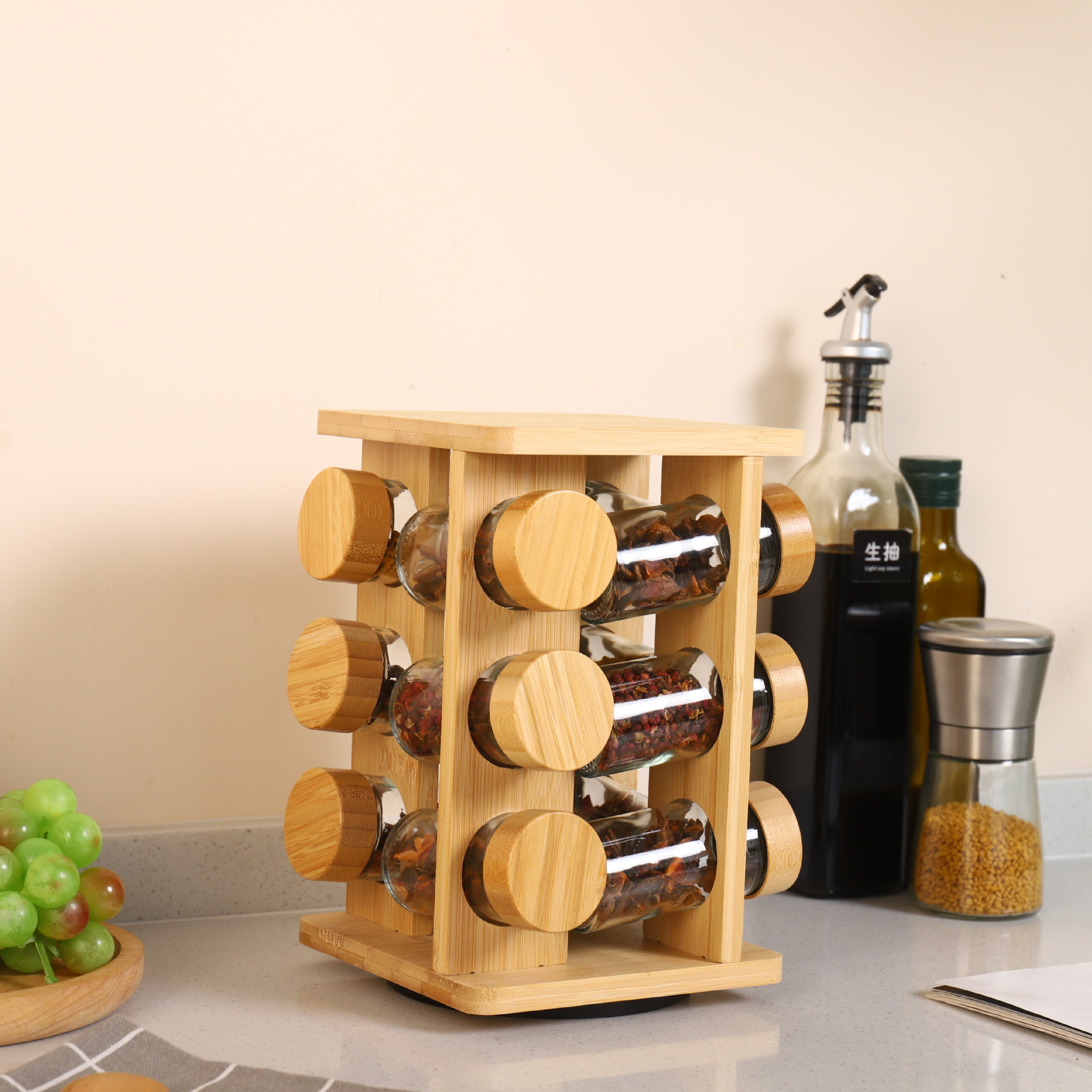 Estante organizador de especias de bambú multicapa para cocina, para aceite, sal, salsa y vinagre, artesanía de madera, estante de almacenamiento de condimentos.