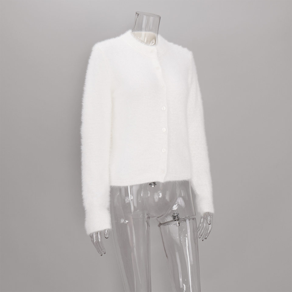Áo khoác cardigan len nữ dáng ôm cổ tròn tay dài một hàng cúc chất liệu lông mềm mại — Màu hồng, Màu trắng, Màu xám nhạt, Xanh đậm chi tiết 60