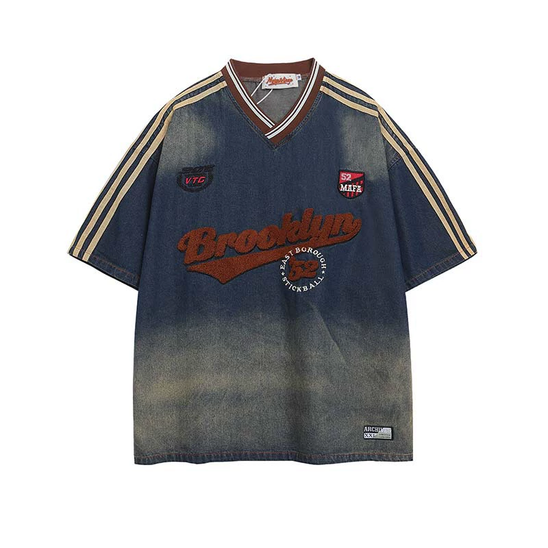 Американская ретро-денимная футболка с градиентной расцветкой, тканой полоской, нашивкой с буквами, вышивкой, V-образным вырезом, унисекс, модная свободная модель