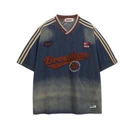 美式复古渐变色织带条杠字母贴布刺绣V领牛仔t恤男女潮牌宽松上衣