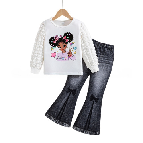 Amazon Cross-border Supply Girls' Set: Round Neck Girl Bubble Sleeve Top with Denim Bell Bottom Pants, Two-Piece Set