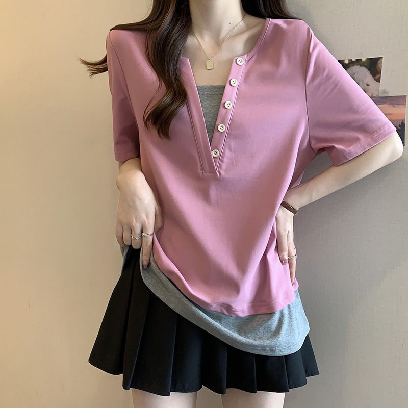 Diseño de nicho sentido falso camiseta de manga corta de dos piezas para mujer primavera y verano nuevo top de reducción de edad de gran tamaño suelto de longitud media image 4