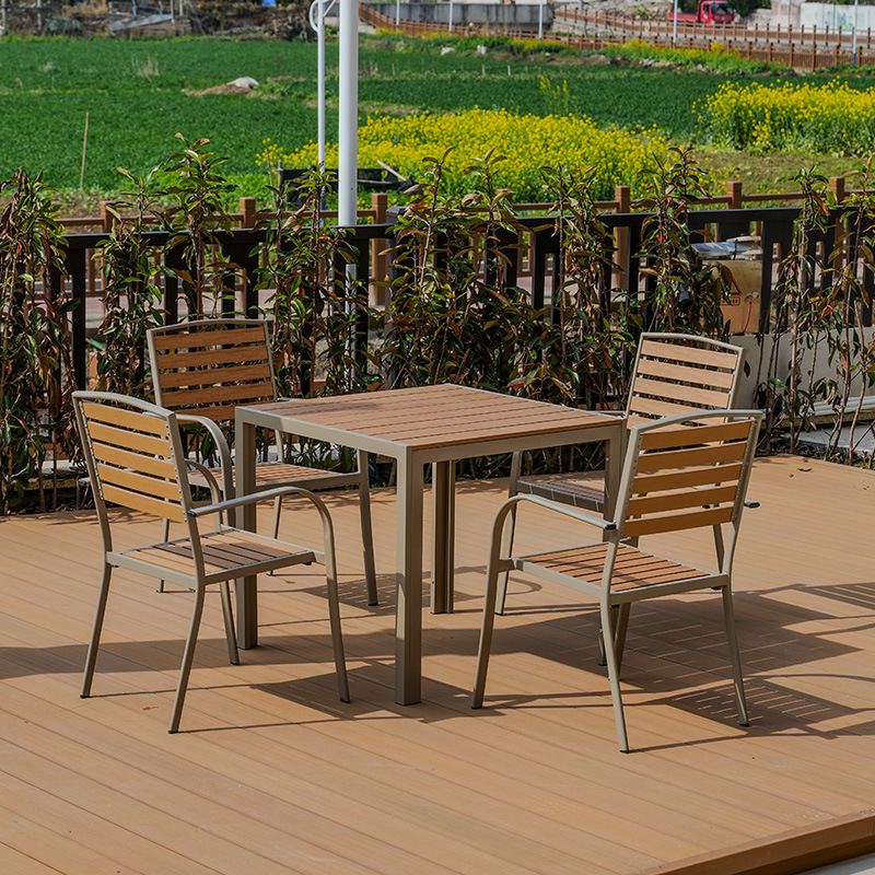 silla de madera de plástico combinada al aire libre balcón impermeable anticorrosión silla de respaldo café al aire libre mesa de té de leche image 2