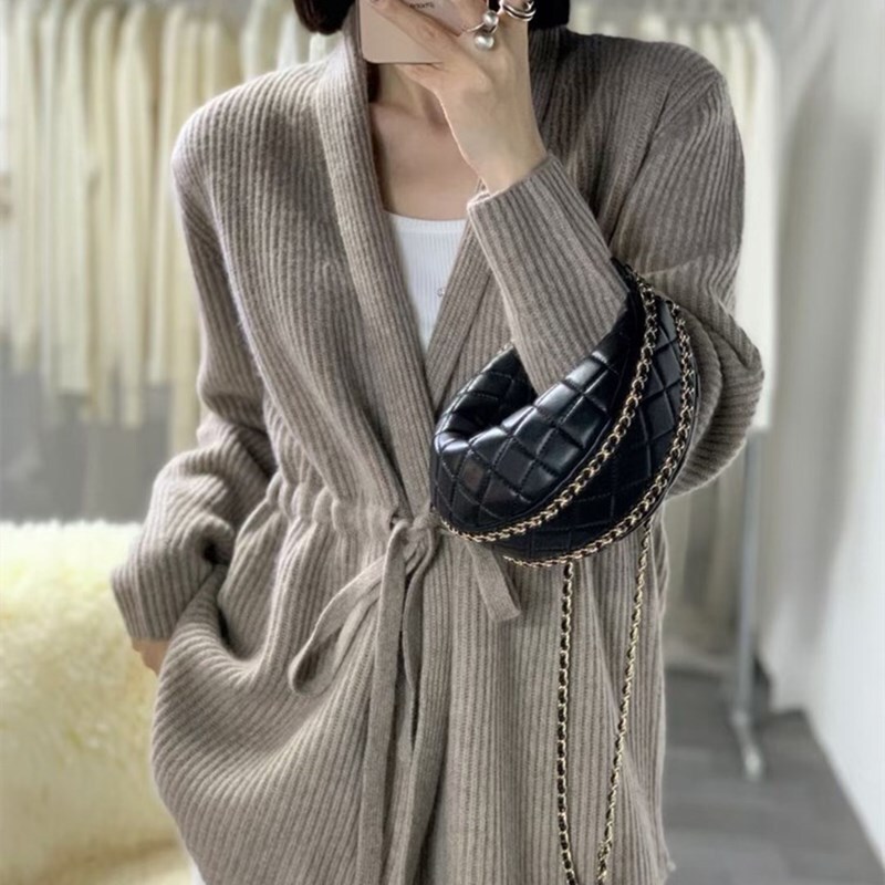 Manufacturer Cross-Border Wholesale 100% Wool Thickened Warm Knitted Drawstring Waistband Cardigan Cashmere Top Jacket in Stock