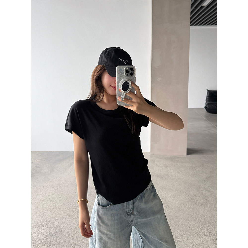 【王琪芝】小飞袖冰凉感圆领短袖t恤女打底内搭落肩修身上衣WQ223