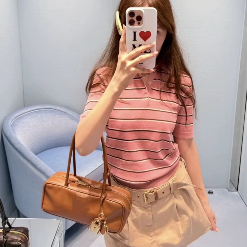 2026 Spring New m Series Sweet and Gentle Style Polo Collar Striped Knit Sweater Fashion Short Sleeve Women's Top