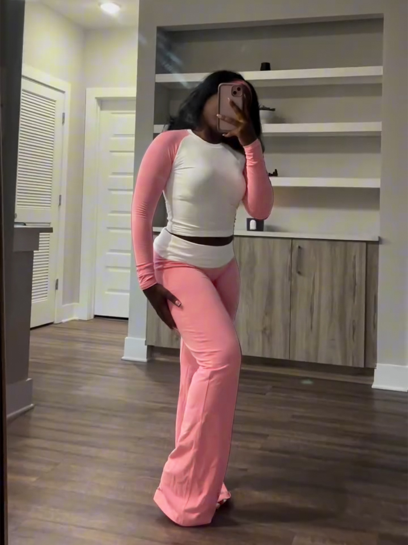 Women Clothing Contrast Color Tight High Waist Fold Slim Trousers Fleece Lined Two Piece Sets