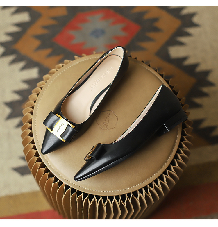 2022 primavera y otoño nuevo botón de metal retro arco de cabeza de punta superficial zapatos de mujer zapatos planos para mujeres 862 - 8