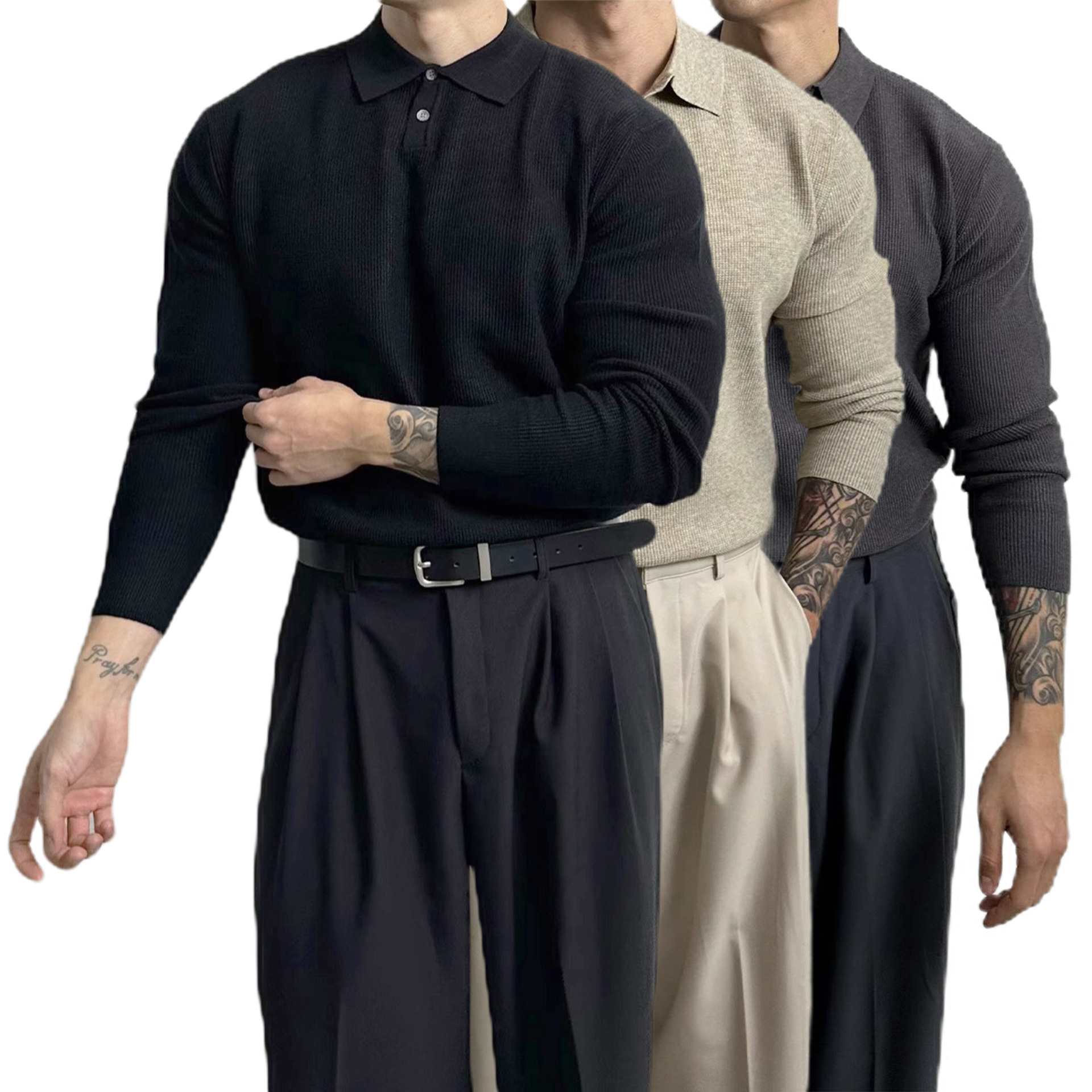 Oversized Polo Knit Sweater For Men – Business Casual Long Sleeve Pullover, Plus Size European Fit (Black/Beige/Gray)_viptrois.com