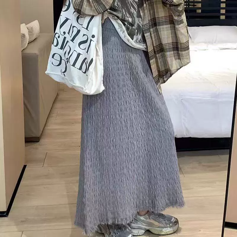 肌理感针织半身裙女跨境秋冬季新款垂感高腰直筒流苏针织半裙女