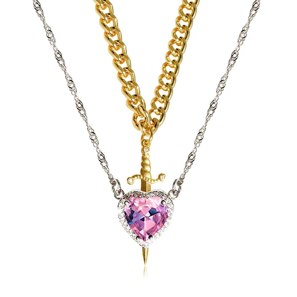 Gold men's 3mm Figaro chain 50+5cm White K women's water ripple 45+5cm pink peach heart arrow through the heart couple necklace