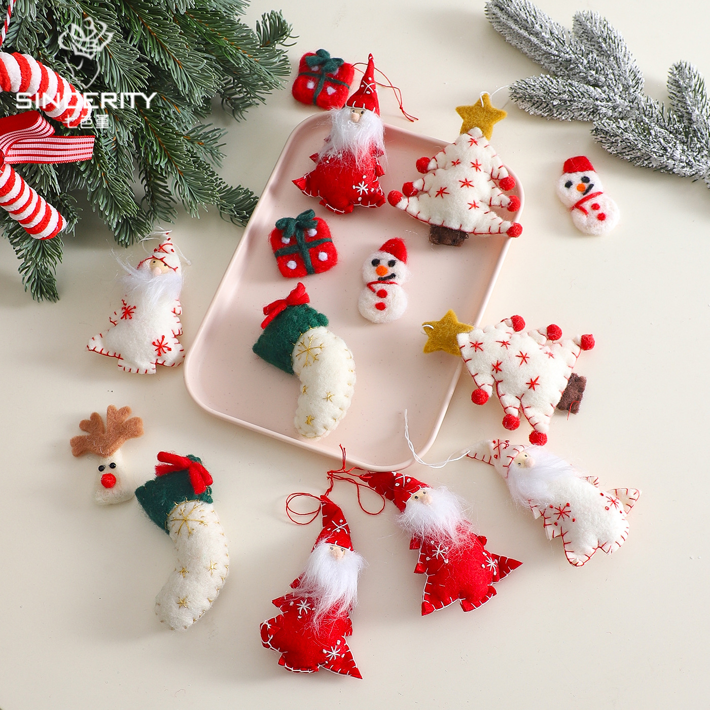 Decoración de árbol de Navidad de siete colores de fieltro de lana embalaje de flores flores floristas diy hecha a mano