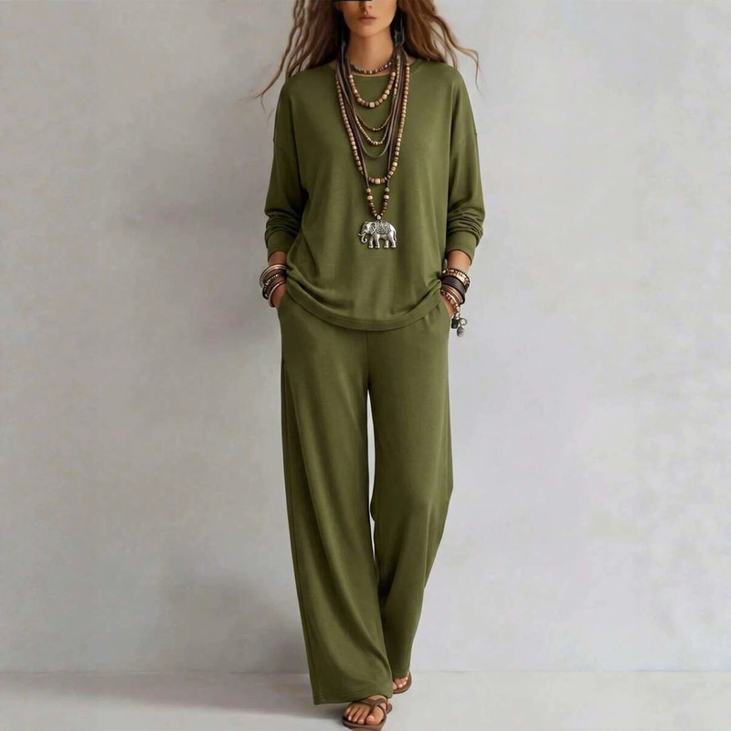2026 European and American casual autumn and winter new solid color women's suit, casual long-sleeve top and wide-leg pants two-piece set 2026 European and American casual autumn and winter new solid color women's suit, casual long-sleeve top and wide-leg pants two-piece set