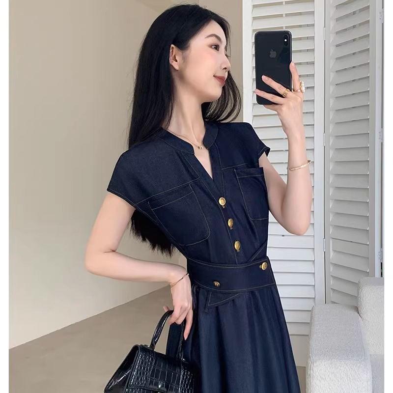 Đầm retro kiểu Pháp nữ thắt eo thanh lịch công sở dáng dài — Xanh lam đậm