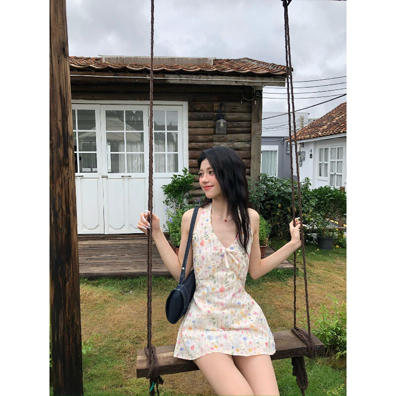 French-Style Floral Mini Dress 2026 New Model for Women, High-End Sleeveless Halter Neck Strap Dress French-Style Floral Mini Dress 2026 New Model for Women, High-End Sleeveless Halter Neck Strap Dress
