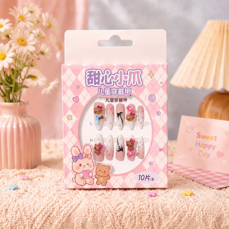 Summer children's nail art pieces, cute cat design, for ages 5-15, gradient KT fake nail patches for little girls, wholesale Summer children's nail art pieces, cute cat design, for ages 5-15, gradient KT fake nail patches for little girls, wholesale