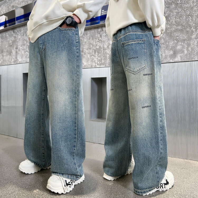 Cross-Border Wholesale Boys' Stylish Versatile Printed Denim Straight-Leg Pants for Older Children Student Version Casual Outerwear Wide-Leg Pants Cross-Border Wholesale Boys' Stylish Versatile Printed Denim Straight-Leg Pants for Older Children Student Version Casual Outerwear Wide-Leg Pants