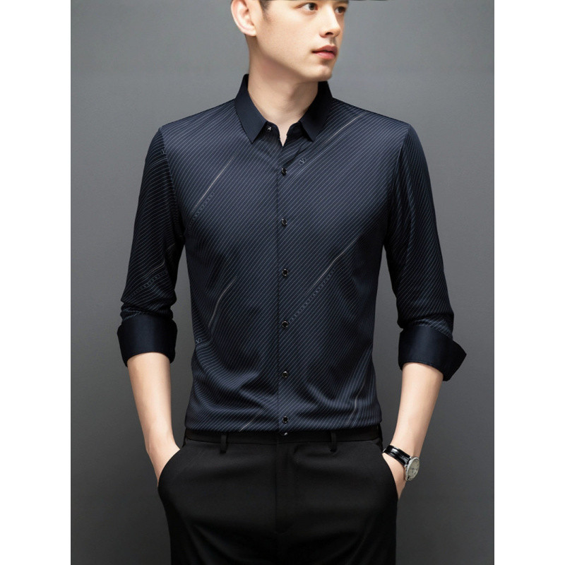 (2개) 멀버리 실크 남성용 긴팔 셔츠 봄 가을 얇은 중년 비즈니스 솔리드 컬러 솔기 없는 가벼운 럭셔리 무다림 셔츠