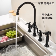 创意黑铬仿古拉丝金浴缸厨房水槽8寸三孔四孔分体冷热喷枪水龙头