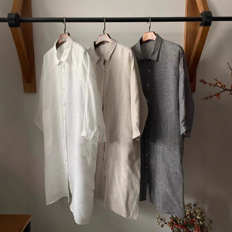 Japanese Lapel Linen Shirt Dress Spring New Retro Artistic Niche Loose Casual All-match Mid-length Top