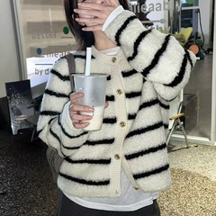 法式小香风针织衫开衫2025年秋冬高质感撞色条纹宽松圆领毛衣上衣