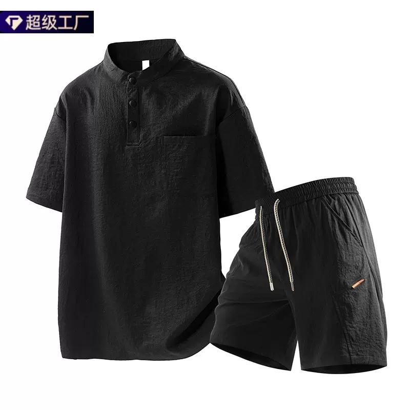 跨境新款夏季休闲大码套装男装夏季潮短袖t恤五分短裤宽松两件套
