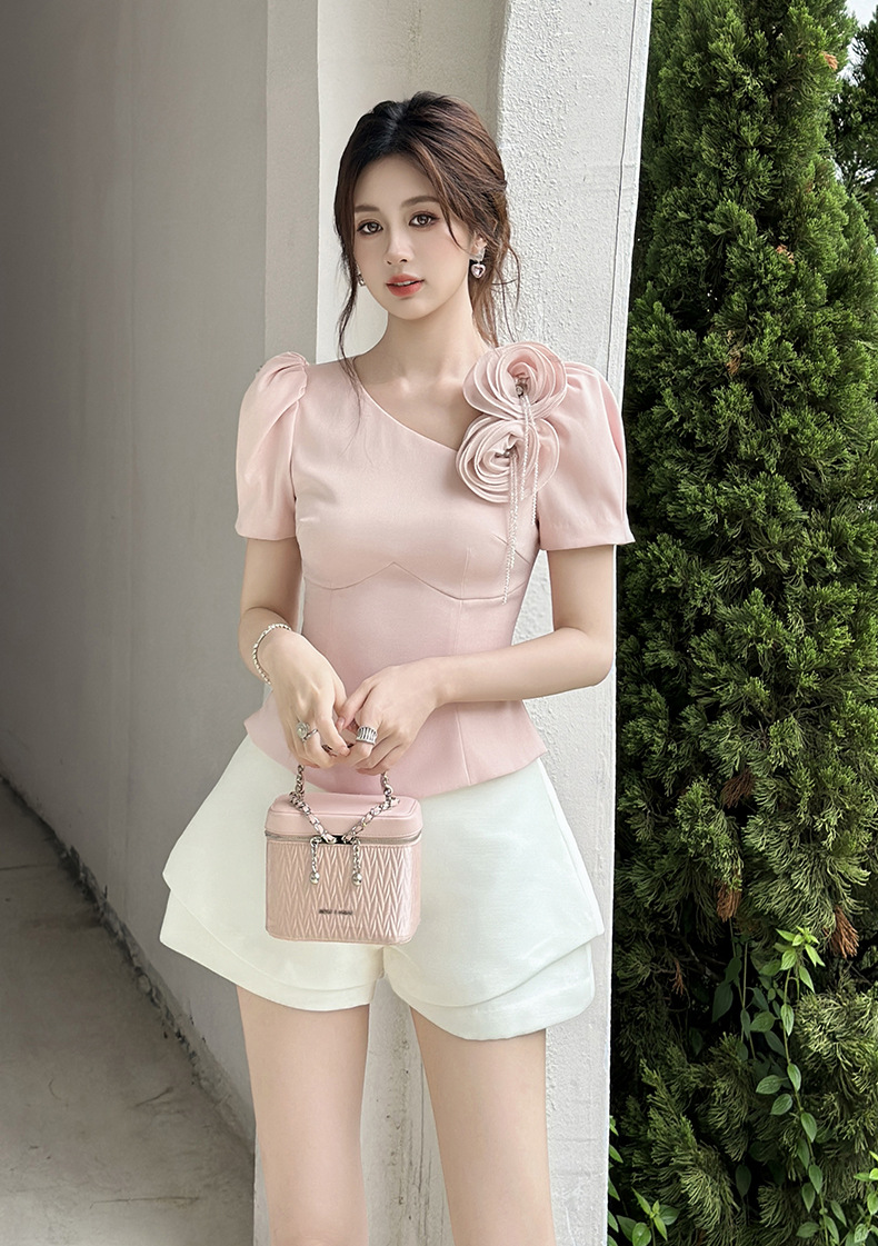 Áo kiểu nữ tay ngắn ôm dáng thiết kế hoa nổi 3D phong cách Pháp — màu hồng chi tiết 8