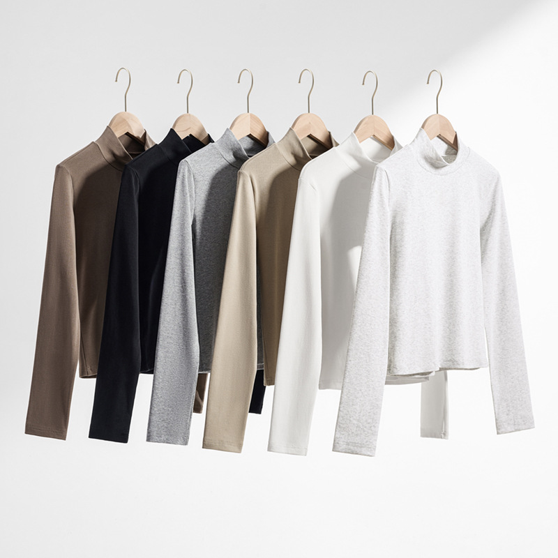 Pure Desire Style Half Turtleneck Long Sleeve Base Shirt for Women, Spring and Autumn Solid Color Basic Slim Fit Stretchy Hot Girl Top