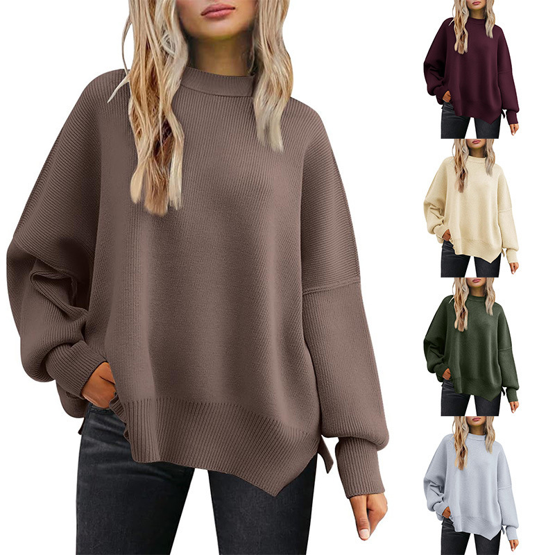 2025 Amazon European and American Foreign Trade Women's Round Neck Batwing Long Sleeve Ribbed Knit Sweater with Side Slits Pullover for Women