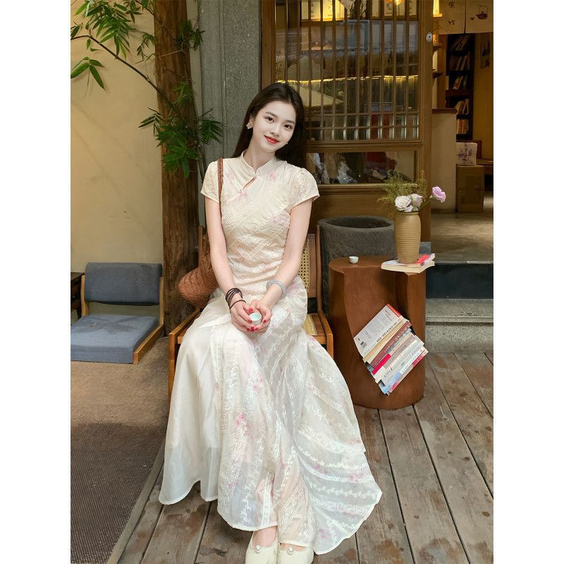 [Fendai] New Chinoiserie Floral Improved Cheongsam Dress for Women 2025 Spring and Summer New Style Beautiful Elegant Long Skirt