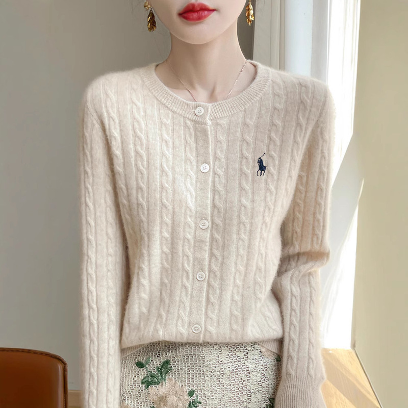 Exquisite Embroidered Round Neck Twist Knitted Cardigan Women's Long-sleeved Top Spring and Autumn Loose Twist Coat Sweater Base Shirt