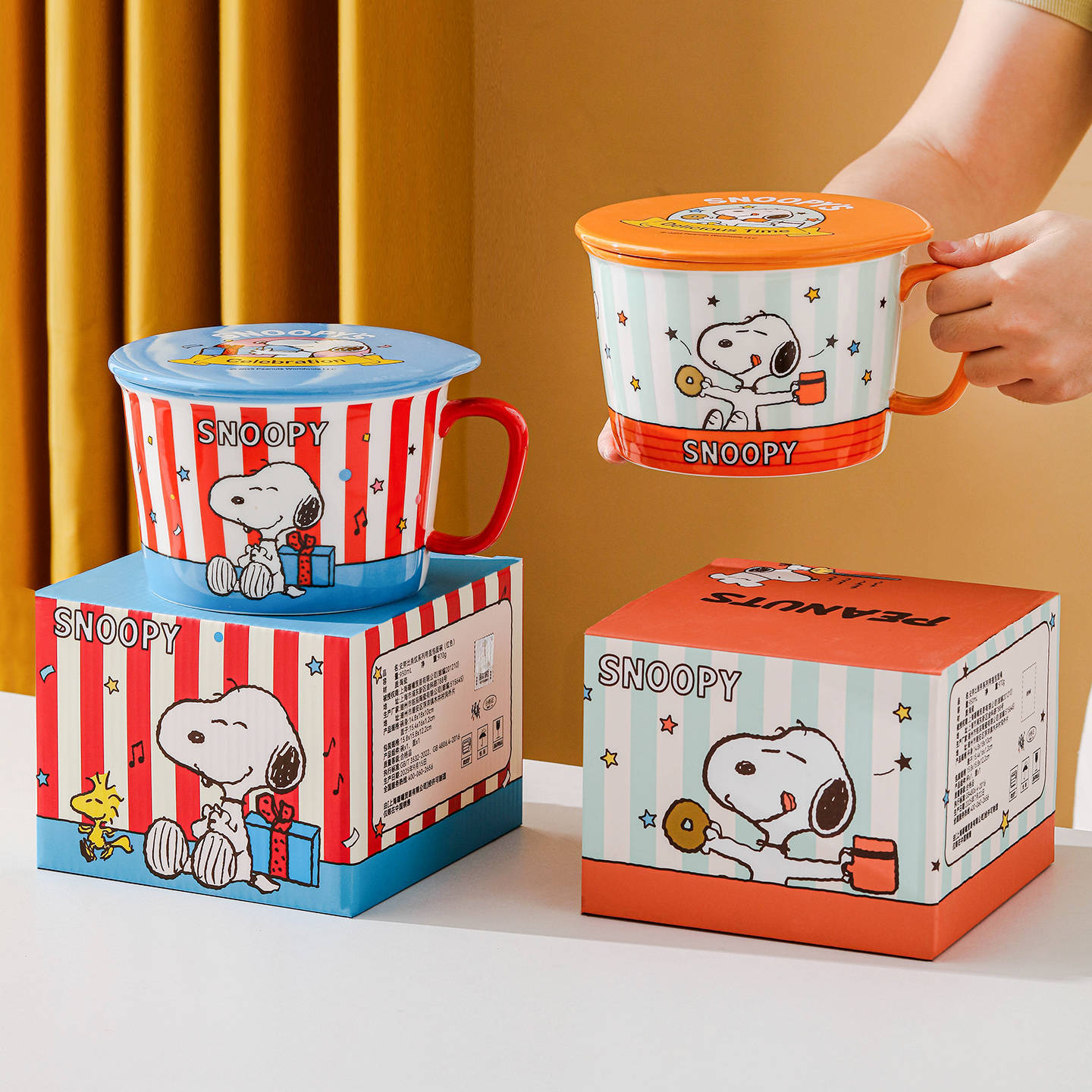Snoopy co-marcado bol de fideos de cerámica, polvo de caracol, bol de microondas, gran capacidad, manejo de una sola oreja, caricatura para mujeres