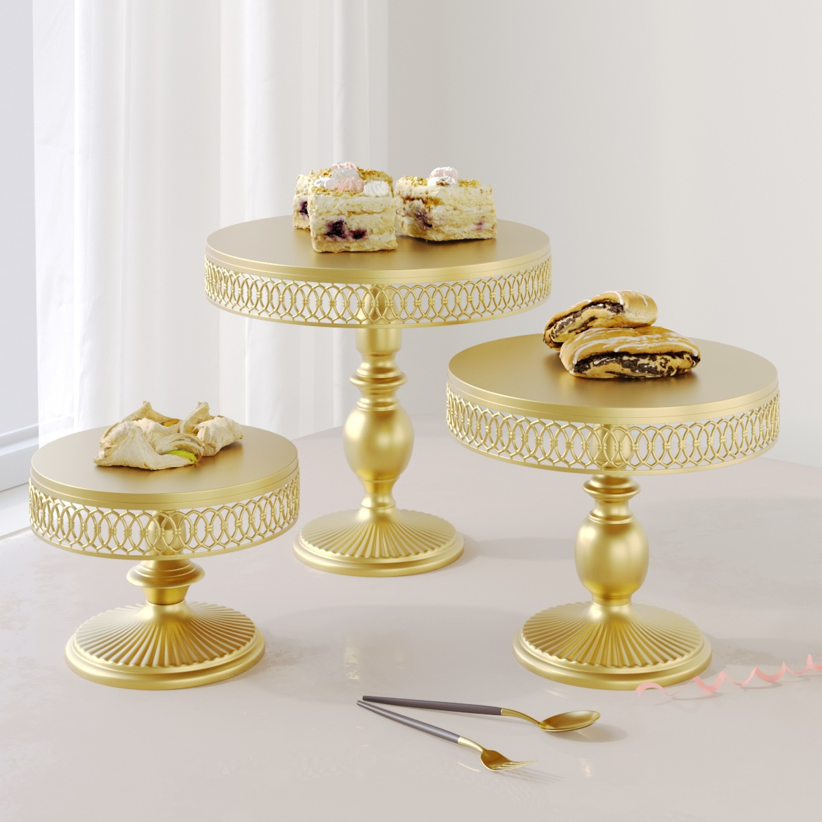 Tres piezas de hierro forjado decoración de mesa de postres estante de exhibición bandeja de pastel refresco estante de refresco comida fría descanso de té tabla de artesanía