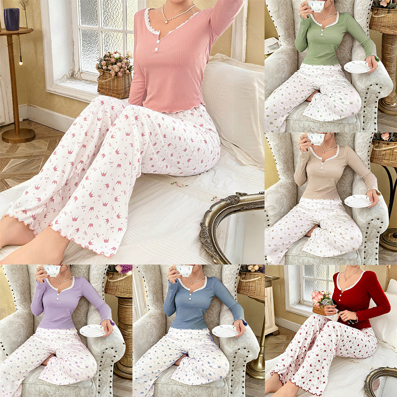 2025 New Hot Style European and American Style Lace Round Neck Crown Long-Sleeved Pants Women's Pajamas Set Home Clothes