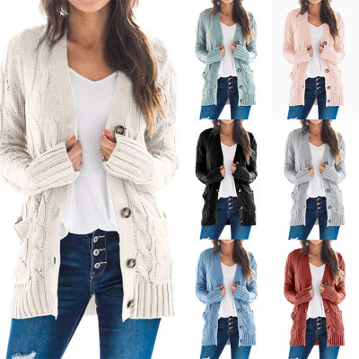 2026 Autumn/Winter New Amazon Women's Fashion European and American Casual Cardigan Jacket Solid Color Cable Knit Button Cardigan Sweater 2026 Autumn/Winter New Amazon Women's Fashion European and American Casual Cardigan Jacket Solid Color Cable Knit Button Cardigan Sweater