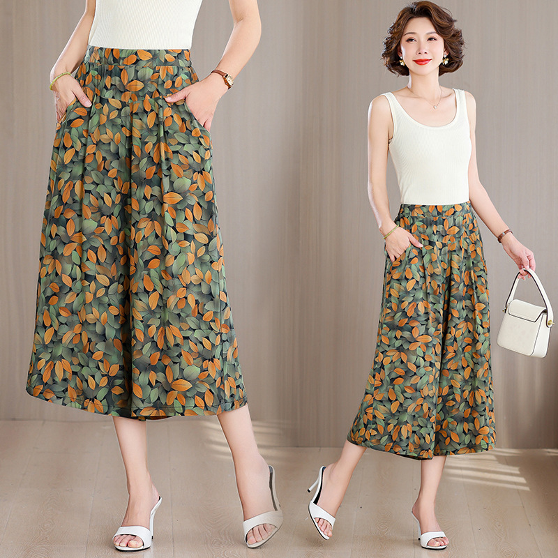 Cotton Straight-Leg Pants New 2025 Summer Fashion Slimming Gray Plaid Loose Plus-Size Elastic Waist Mom's Cropped Pants