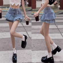 牛仔半身裙女裙高腰半裙辣妹荷叶边鱼尾短裙夏季a字百褶超短裙子