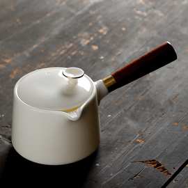 羊脂玉功夫茶具陶瓷泡茶壶单壶木柄防烫侧把壶泡茶具商业广告LOGO