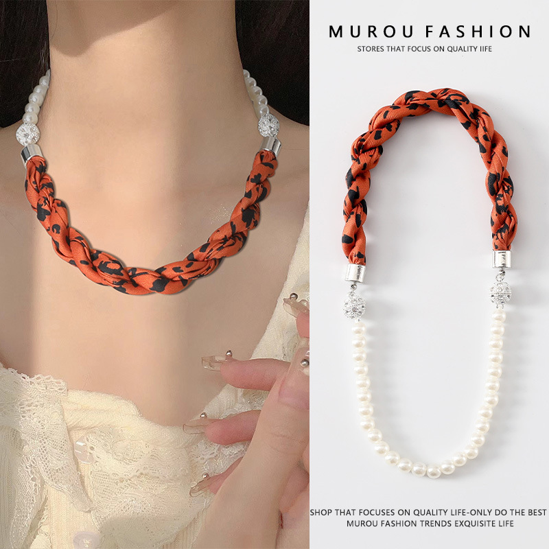 더블 마그네틱 버클 비즈 체인/러스트 레드 레오파드 프린트 길이 45cm